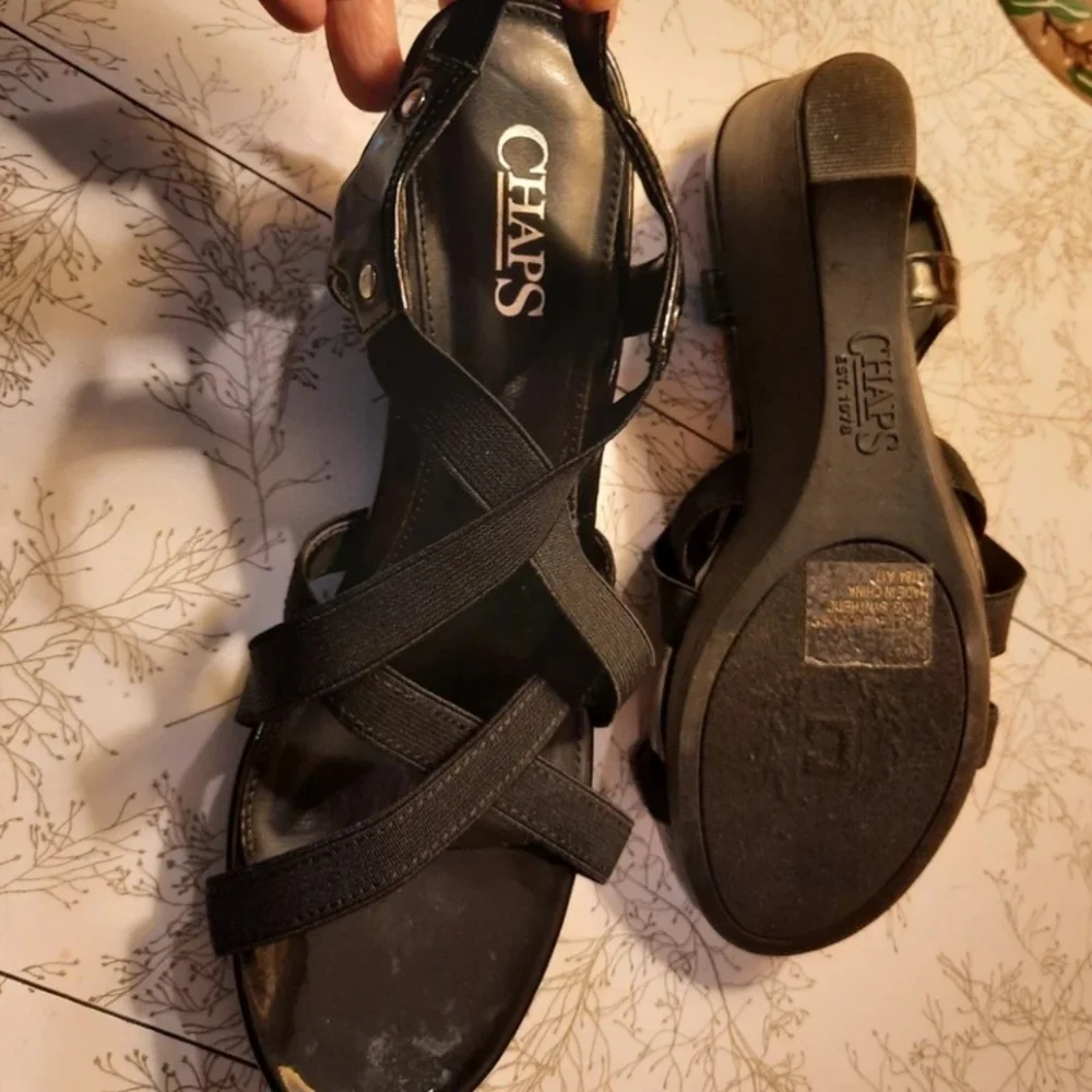 Chaps Black Strappy Platform Wedge Heels Sz 8B